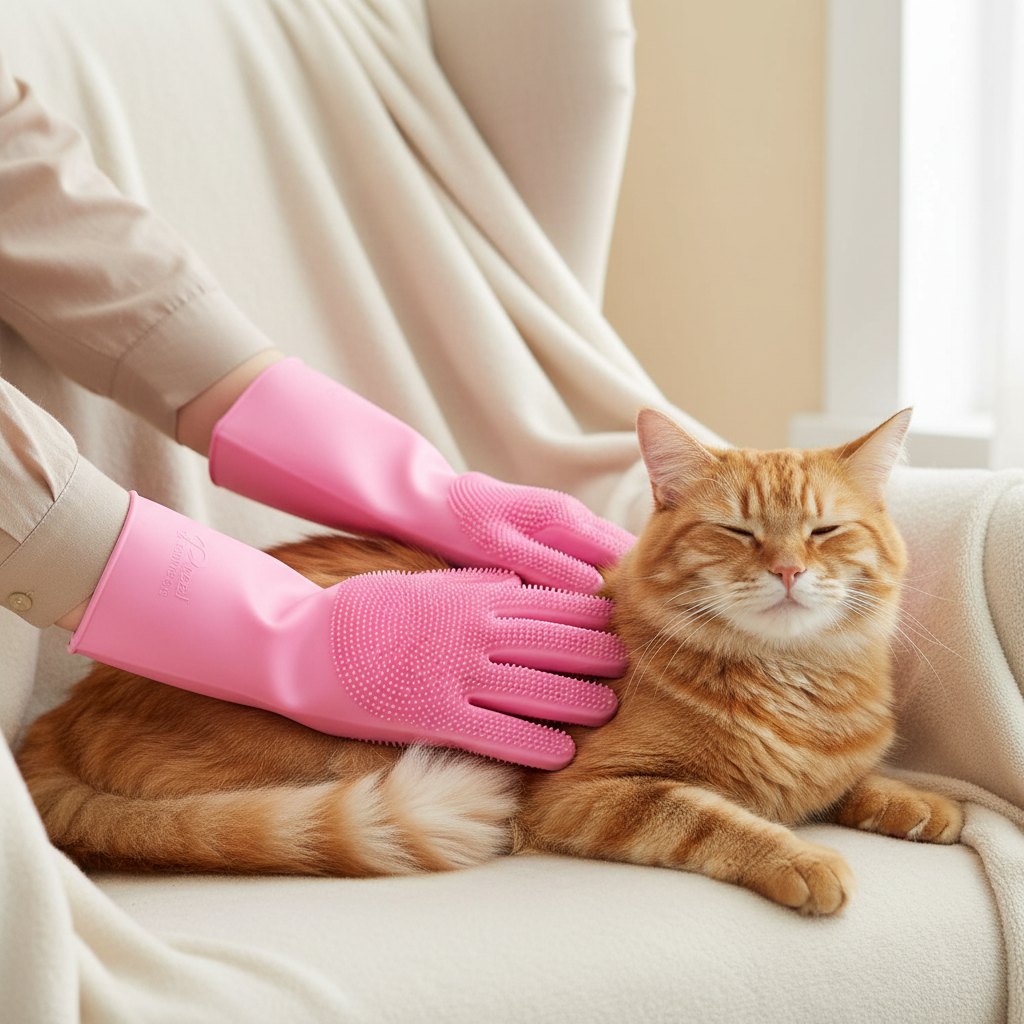 Person wearing pink silicone grooming gloves grooming a cat