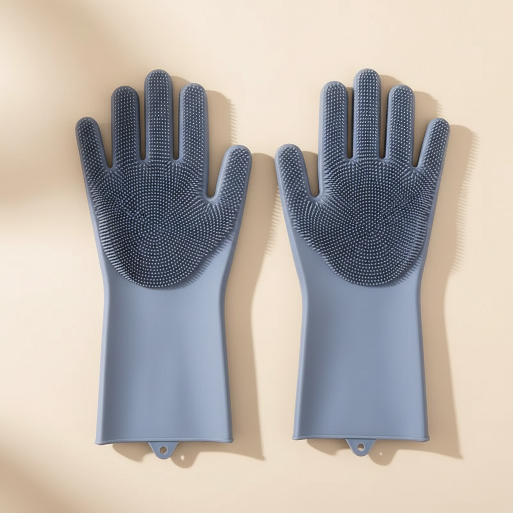 Gray silicone grooming gloves for dogs on beige background