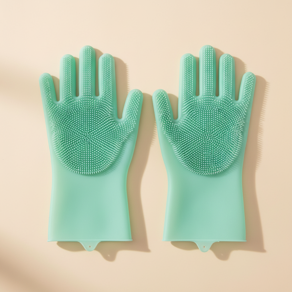Mint green silicone grooming gloves for dogs on beige background