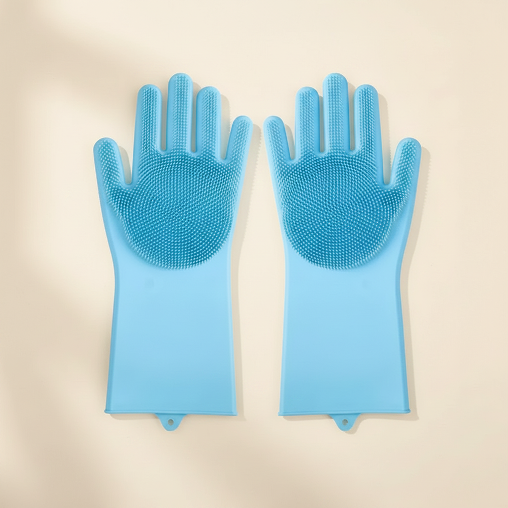 Blue silicone grooming gloves for dogs on beige background