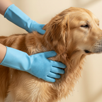 Blue silicone grooming gloves in use on a dog