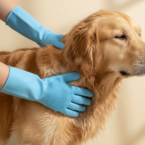 Blue silicone grooming gloves in use on a dog