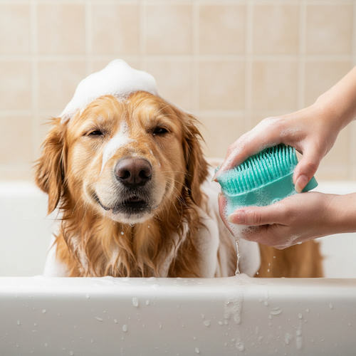 Person using teal silicone bath brush on dog with lots of foam