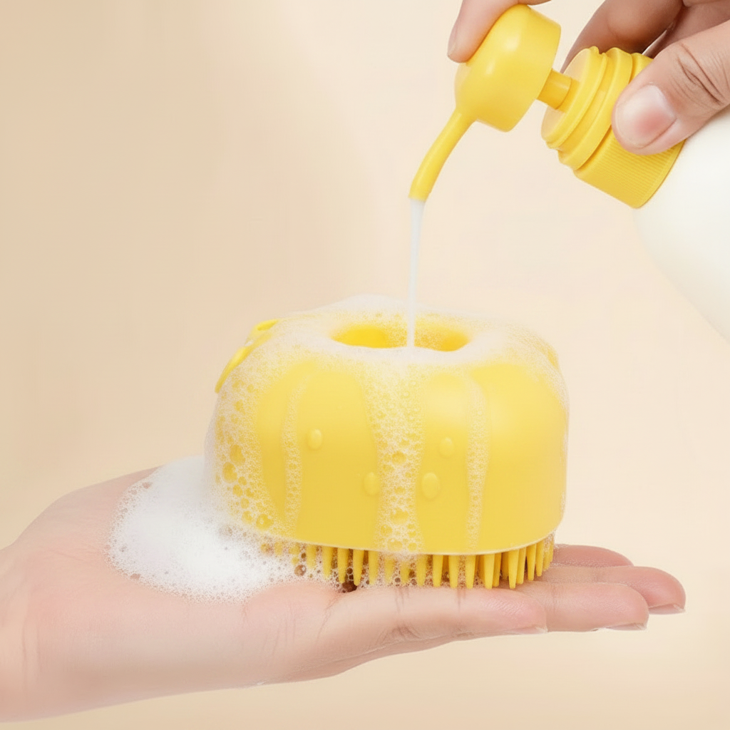 Yellow silicone dog bath brush with yellow pump pouring shampoo