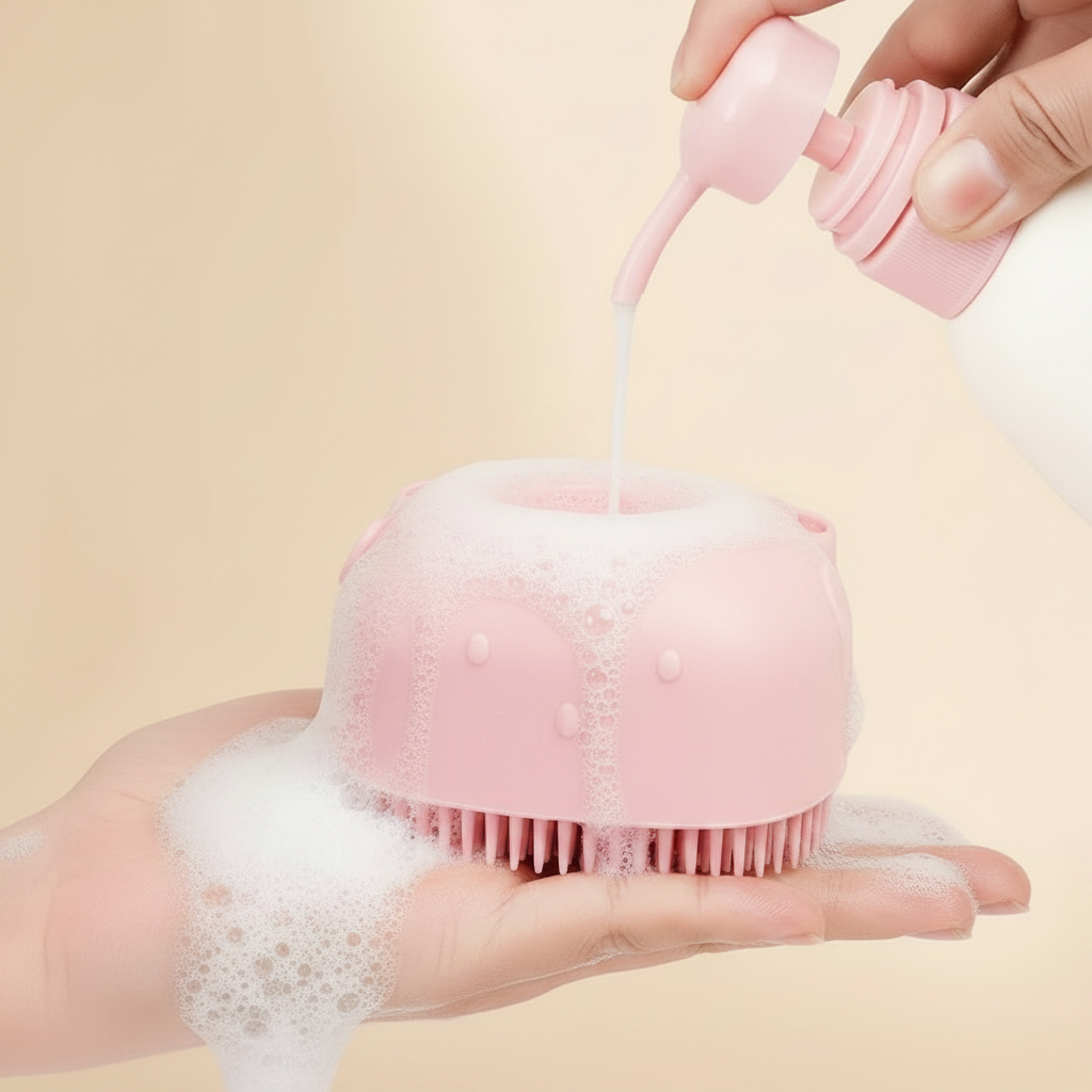 Shampoo being poured into pink silicone dog bath brush