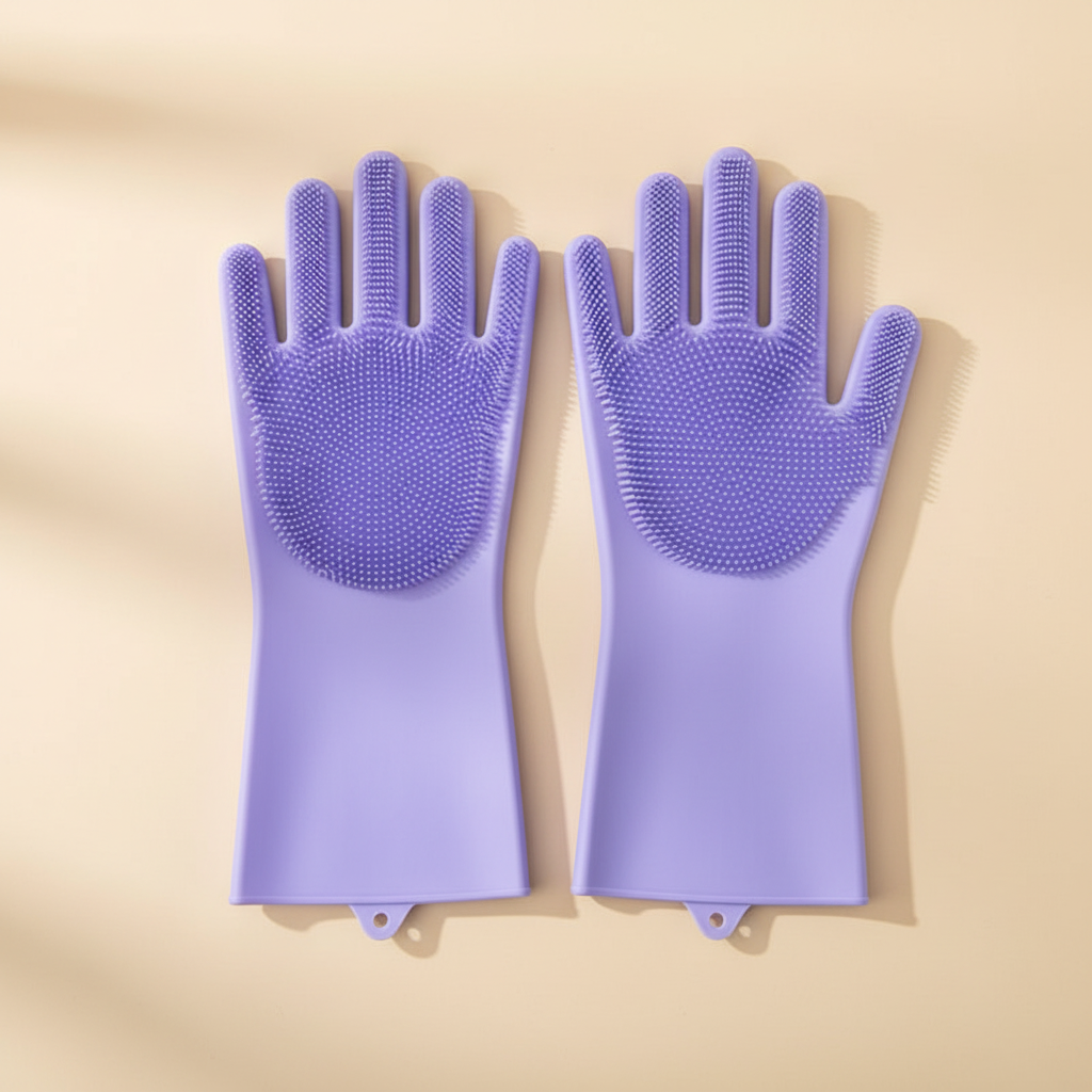 Purple silicone grooming gloves for dogs on beige background