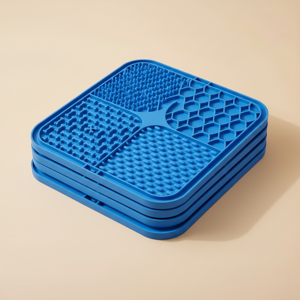 5 blue silicone lick mats stacked