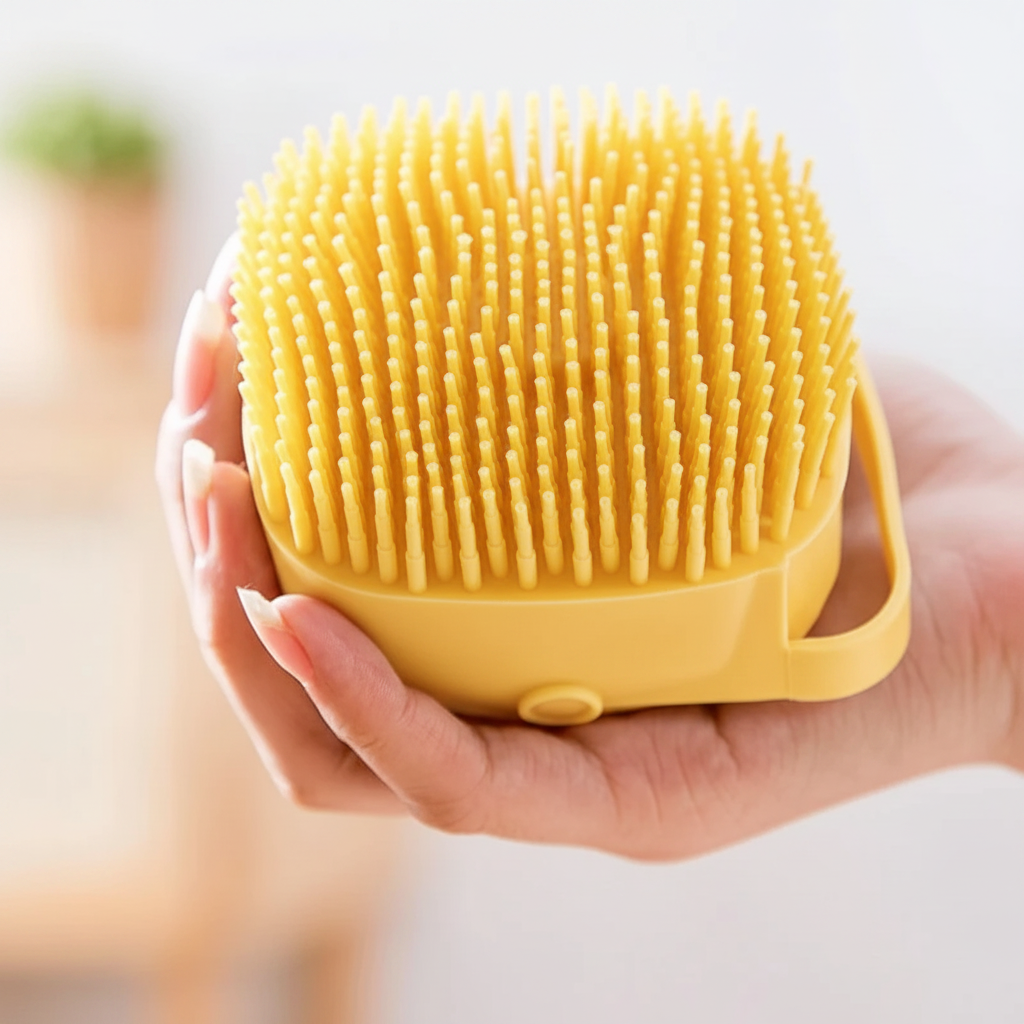 Person holding yellow silicone dog bath brush