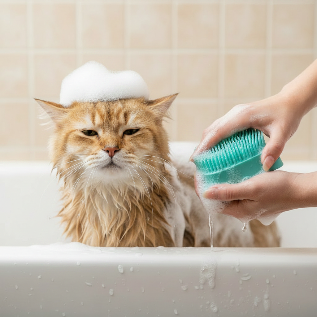Cat being bathed with teal silicone grooming brush