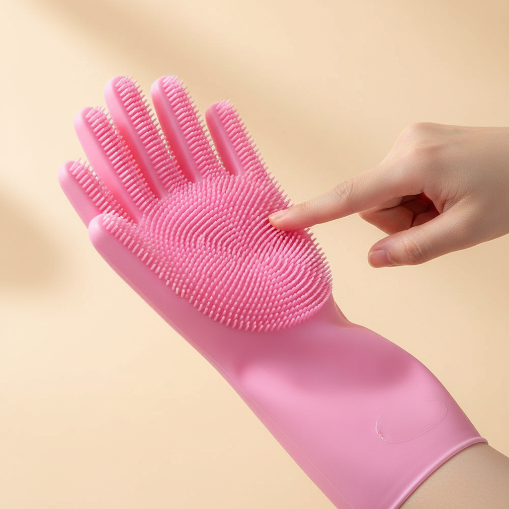 Close up of soft silicone bristles on pink grooming glove